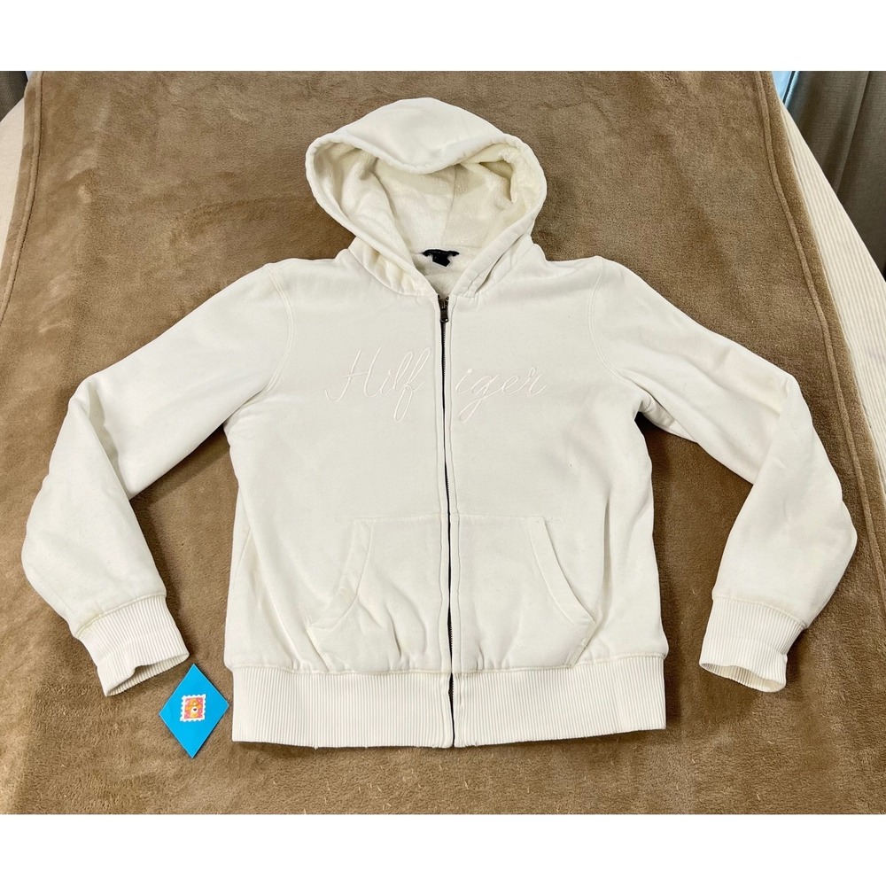 Y2k Tommy Hilfiger Hoodie Jacket Womens size M White Full zip Sherpa Lined